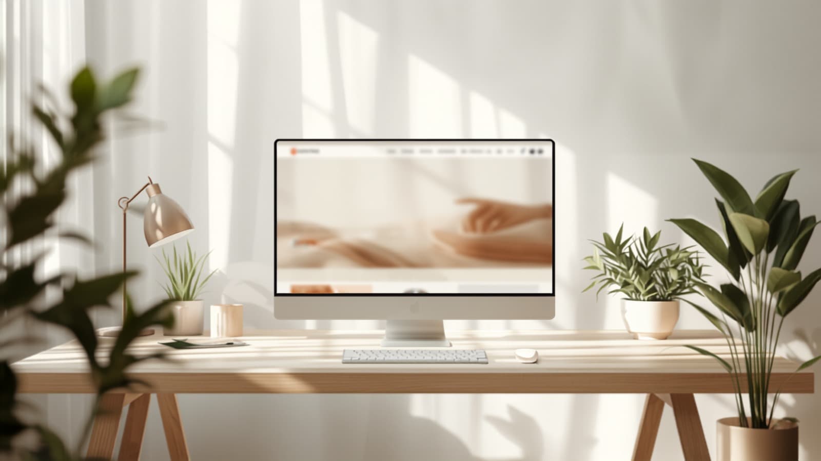 The Casa Maya website shown on a monitor in a bright, plant-filled studio