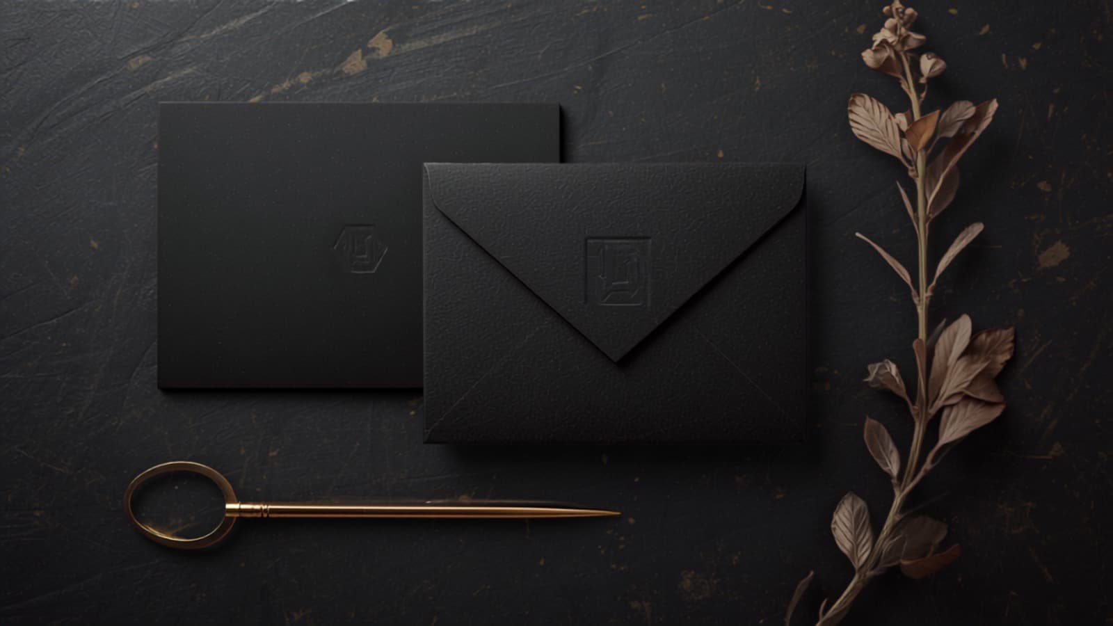 Flat lay of Casa Sol's black stationery system with a brass letter opener and dried foliage