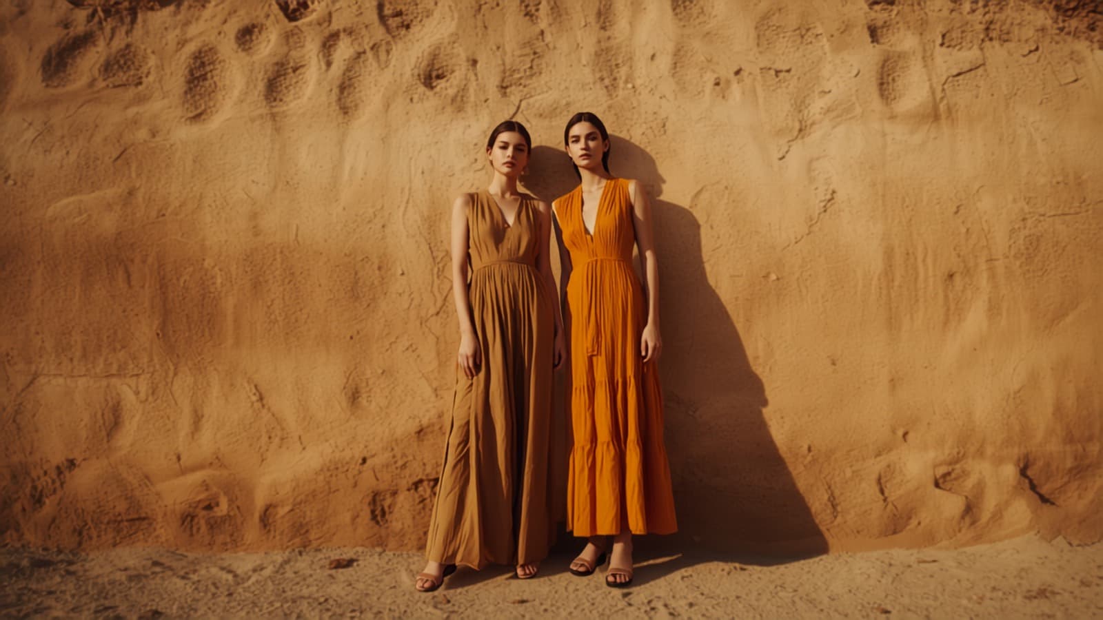 Two models in warm terracotta and ochre tones standing against an adobe wall for Raíces