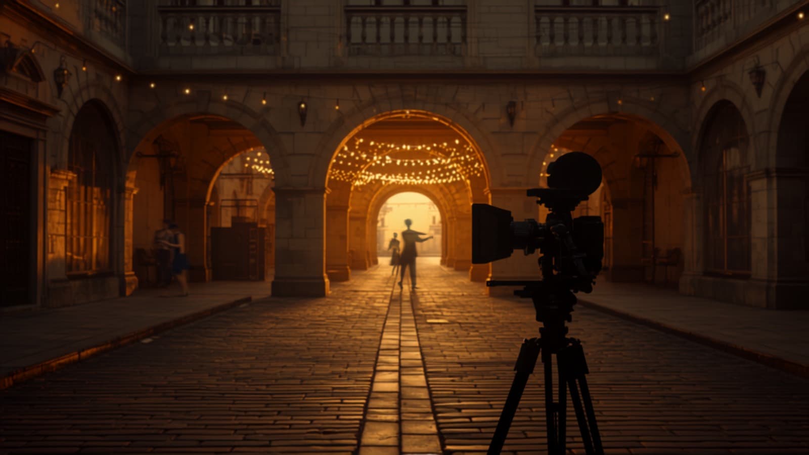 A film camera on a tripod framing the plaza at dusk during the Tradición Viva shoot